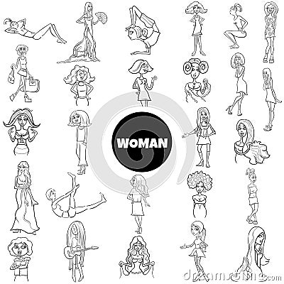 Black and white cartoon women and girls characters big set Vector Illustration