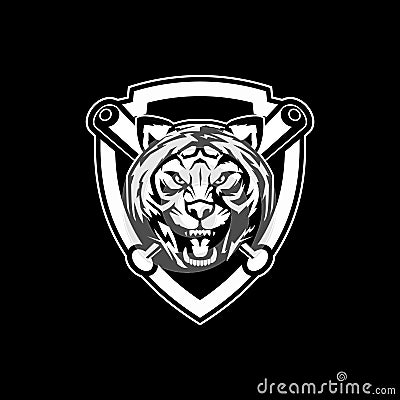 Black and white cartoon tiger head vector for baseball club badge logo template Vector Illustration