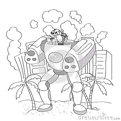 Black and White Cartoon Vector Illustration of Happy Robot or Droid for Children to Coloring Book Vector Illustration