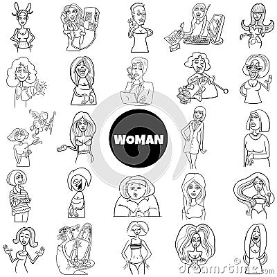 Black and white cartoon women and girls characters big set Vector Illustration