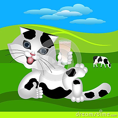 Black-white cat praises milk Vector Illustration