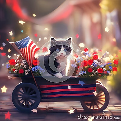 A black and white cat sitting in a wagon filled with flowers. Generative AI image. Stock Photo