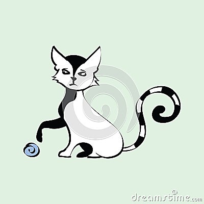 Black and White Cat with Yarn Ball Vector Illustration