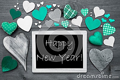 Black And White Chalkbord, Many Green Hearts, Happy New Year Stock Photo