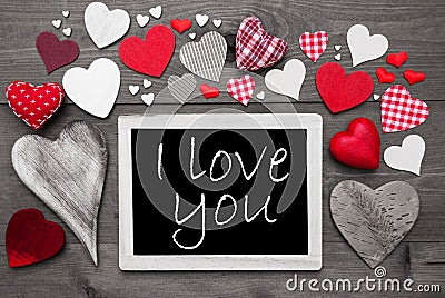 Black And White Chalkbord, Red Hearts, I Love You Stock Photo