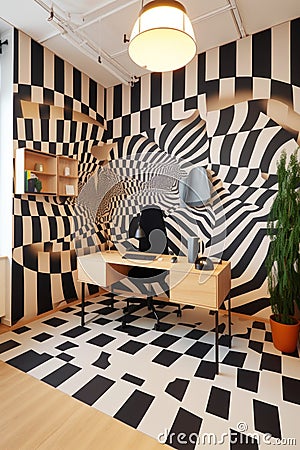 A black and white checkered room with a desk. Generative AI image. Stock Photo