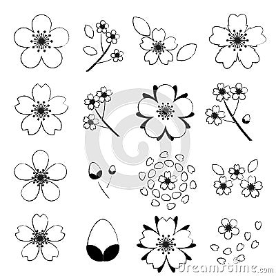 Black and white Cherry blossom Sakura icon set isolated on white background Vector Illustration