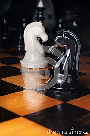 Black and white chess horses Stock Photo