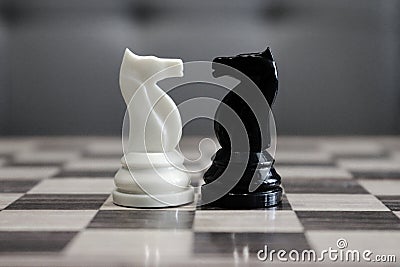 Black and white chess horses in front of each other as challenge and competition concept. Stock Photo