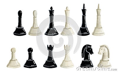 Black and white chess pieces full illustration set. Realistic watercolor clipart of king queen knight rook bishop pawn Cartoon Illustration