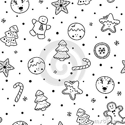 Black and white Christmas cookies seamless pattern. Vector gingerbread print, winter holiday pastry Vector Illustration
