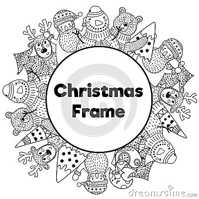 Black and white Christmas frame in coloring page style Vector Illustration