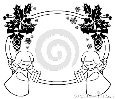 Black and white Christmas frame with cute angel. Stock Photo