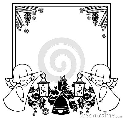 Black and white Christmas frame with cute angel. Stock Photo