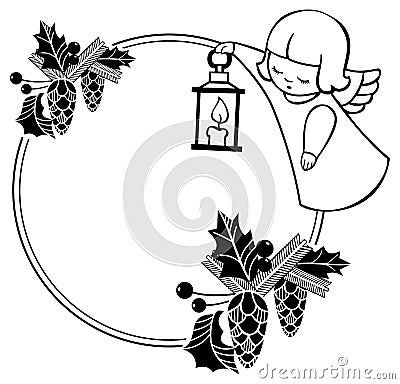 Black and white Christmas frame with cute angel. Copy space. Stock Photo