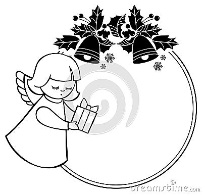 Black and white Christmas frame with cute angel. Copy space. Stock Photo