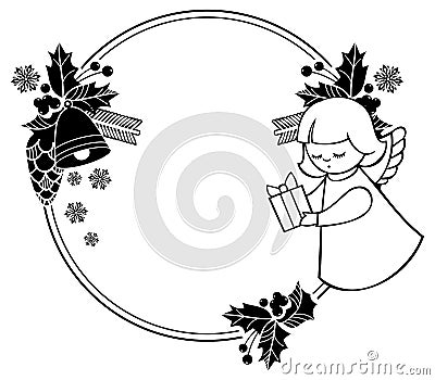 Black and white Christmas frame with cute angel. Copy space. Stock Photo