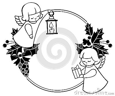 Black and white Christmas frame with cute angels. Copy space. Stock Photo