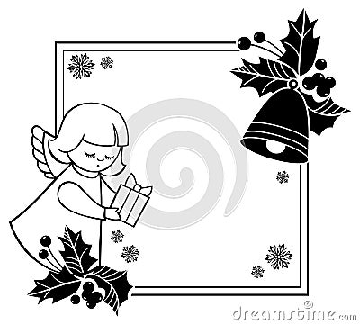 Black and white Christmas frame with cute angels. Copy space. Stock Photo
