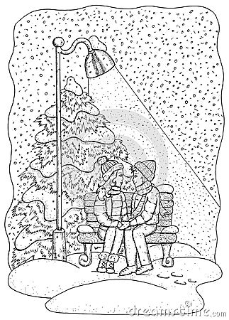 Black and white Christmas and New Year greeting card with couple in love on the bench under lantern light in snow fall in the Vector Illustration