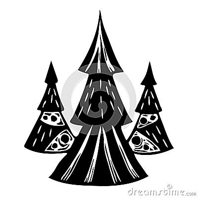 Black and white Christmas trees in hand print linocut style. Simple vector illustration. Abstract Festive design Vector Illustration