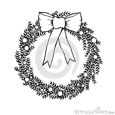 Black and white Christmas wreath with bow, hand drawn illustraiton Cartoon Illustration