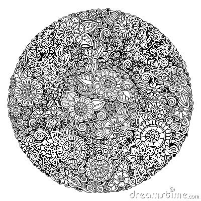 Black and white circle flower ornament, ornamental round lace design. Floral mandala. Vector Illustration