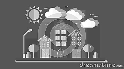 Black and white city landscape in flat style. The city with houses with sloping roof and various beautiful tiles with a lantern su Vector Illustration