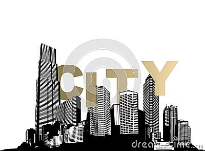 Black and white cityscape silhouette with skyscrapers and golden City word Vector Illustration