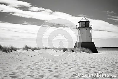 a black and white coastal lighthouse standing tall by a sandy beach Stock Photo