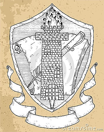 Black and white coat of arms with tower, book, banner and quill. Vector hand drawn heraldry, heraldic decorative emblem, vintage Vector Illustration