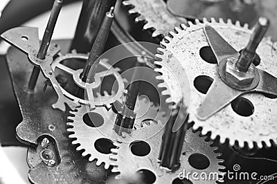 Black white Cogwheels Clockwork. Macro Stock Photo