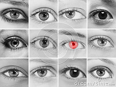 Black and white Collage photo of eYES where one is red Stock Photo