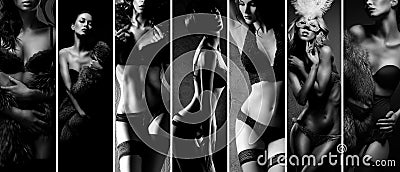 Black and white collage. women posing in beautiful lingerie Stock Photo