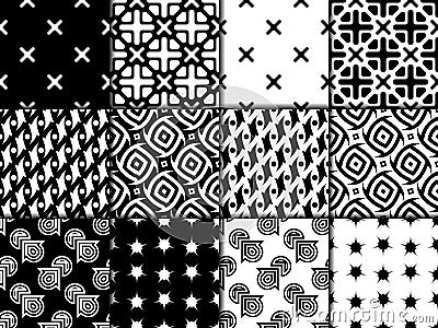 Black and white collection of seamless patterns. Geometric backgrounds Vector Illustration