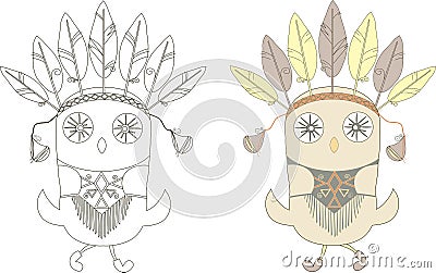 Black-white and colorful owl with ethnic indian jewelry for coloring page, vector Vector Illustration