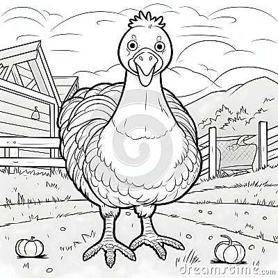 Black and white coloring book, a small cheerful in dyczek on the farm. Turkey as the main dish of thanksgiving for the harvest Vector Illustration