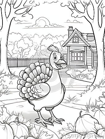 Black and white coloring book, a small cheerful in dyczek on the farm. Turkey as the main dish of thanksgiving for the harvest Vector Illustration