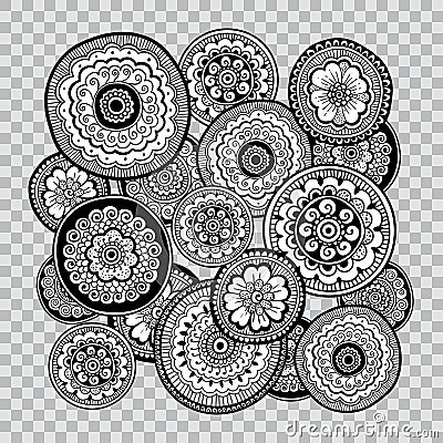 Black and white floral coloring on transparent background. Flower indian tattoo artwork. Vector Illustration