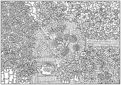 Black and white coloring page with flowers and vintage garden objects, flowerbed with petunia and geranium in pots, gardening Cartoon Illustration