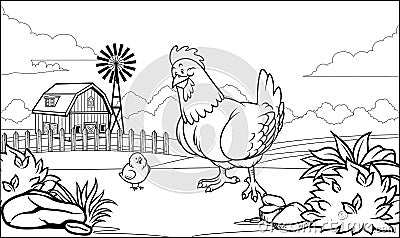 Black and white coloring page hen in the farm with her chick Vector Illustration