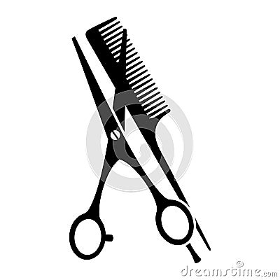 Black and white comb and open scissors silhouette Vector Illustration