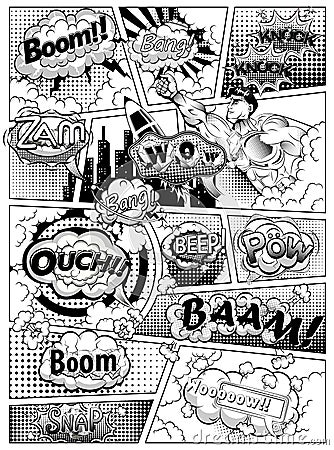 Black and white comic book page divided by lines with speech bubbles, rocket, superhero and sounds effect. Vector Vector Illustration