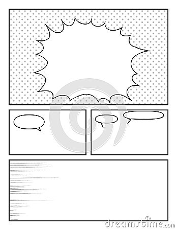 Black and white comic book template with halftone effects and speech bubbles Vector Illustration