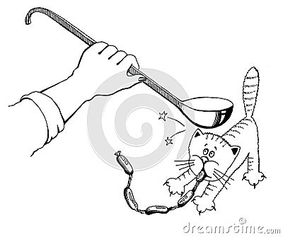 Black and white comic cartoon. Hand drawing of cat punishment for steeling sausages scene Stock Photo