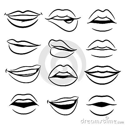 Black and white comic female lips vector set Vector Illustration