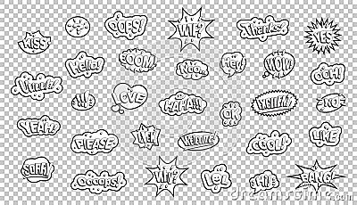 Black white comic style stickers. Slogans on a transparent background Vector Illustration