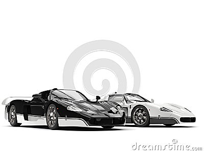 Black and white concept race cars with inverted color details - beauty shot Stock Photo