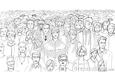 Black and white contour of a crowd of people drawing by hand with a liner on a white background with a blank area on top Stock Photo