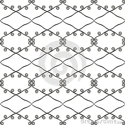 Black and white contrasting openwork seamless pattern of rhombuses and curls retro vector background Vector Illustration